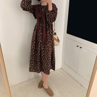 Long-sleeve Floral Midi A-line Dress With Shawl
