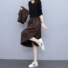 Set: Long-sleeve T-shirt + Vest + Midi A-line Skirt