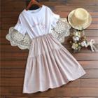 Short-sleeve Embroidered Mock Two-piece A-line Dress