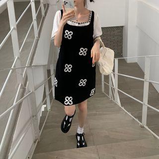 Embroidered Square-neck Short-sleeve Top / Sleeveless Dress