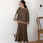 Leopard Print Pullover / Midi A-line Knit Skirt