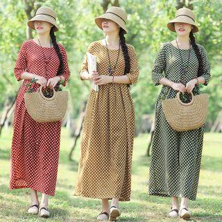 Ethnic Polka Dot Elbow-sleeve Dress