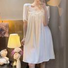 Elbow-sleeve Lace Trim Midi Sleep Dress Off-white - One Size