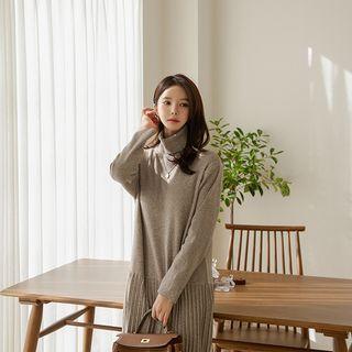 Turtleneck Pleat Long Knit Dress