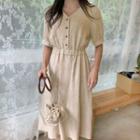 Buttoned A-line Linen Blend Midi Dress