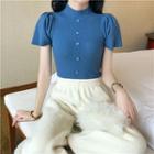 Puff-sleeve Mock-neck Plain Button-up Slim-fit Knit Crop Top