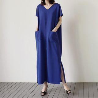 Short-sleeve Slit-hem Midi Shift Dress