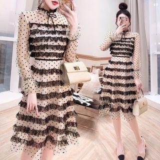 Puff-sleeve Dotted A-line Mesh Dress