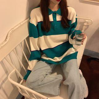 Lapel Color-block Stripe Oversize Knit Top Green - One Size