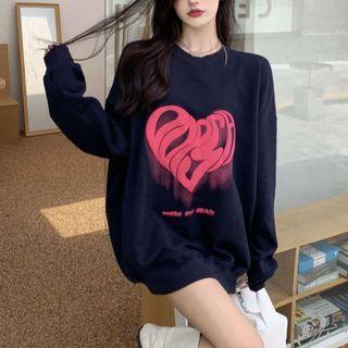 Heart Lettering Print Sweatshirt Blue - One Size