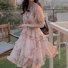 Set: Floral Print Short-sleeve Cropped Blouse + Mini A-line Skirt