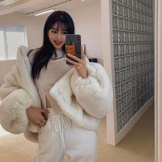 Paris Letter Faux-fur Zip Jacket