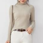 Ribbed Mock-neck Knit Top Light Coffee - One Size