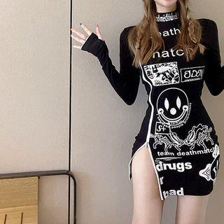 Mock-neck Zipped Printed Minidress Black - One Size