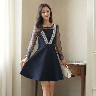 Mesh Panel Lace Trim A-line Dress