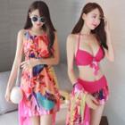 Set: Printed Sleeveless Dress + Bikini Top + Swim Skirt