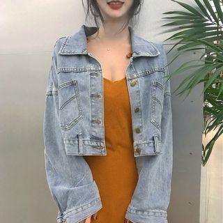 V-neck Spaghetti Strap Midi A-line Dress / Crop Denim Jacket