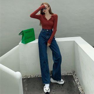 Long-sleeve Knit Top / Wide-leg Jeans