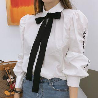Puff-sleeve Letter-embroidered Blouse With Sash Ivory - One Size