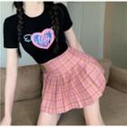 Heart Print Cropped T-shirt / Plaid Pleated Mini A-line Skirt
