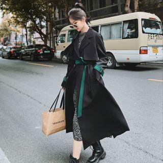Notch Lapel Contrast Trim Tie-waist Coat