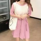 Elbow-sleeve Color Block A-line T-shirt Dress