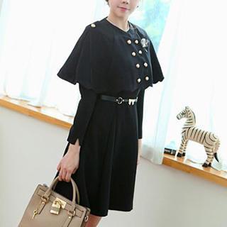Set: Cape Jacket With Brooch + Puff-sleeve A-line Dress