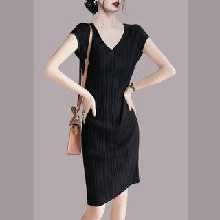V-neck Plain Midi Sheath Dress