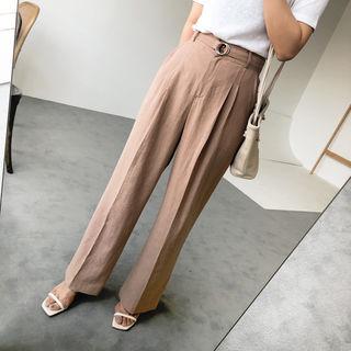 Pintuck-trim Linen Blend Wide-leg Pants With Belt