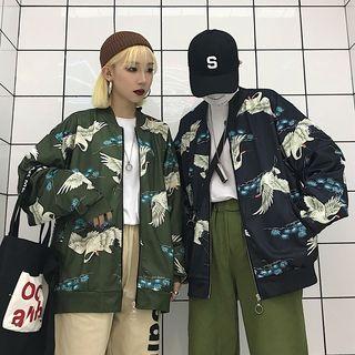 Crane Print Zip Baseball Jacket