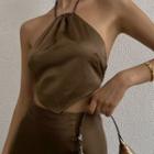 Set: Asymmetrical Cropped Halter Top + Side-slit Midi Pencil Skirt