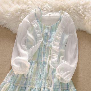 Spaghetti Strap Plaid A-line Dress / Ruffle Trim Jacket