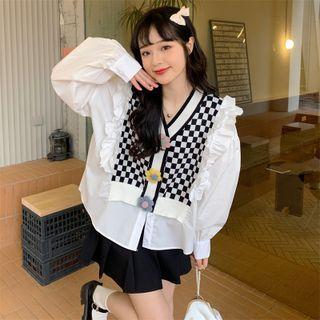 Mock Two-piece Checkerboard Panel Shirt Black & White - One Size