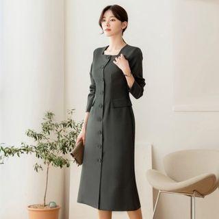 Square-neck Button-up Midi Dress