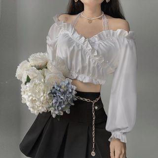 Lace Halter Ruffled Trim Off Shoulder Long Sleeve Top