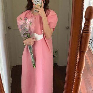 Short-sleeve Plain Midi A-line Dress Pink - One Size