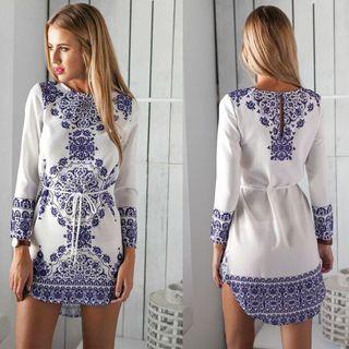 Long-sleeved Floral Print Tie-waist Sheath Dress