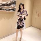 Elbow-sleeve Printed Corset Waist Mini Shirt Dress