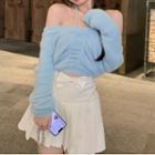 Cold-shoulder Drawstring Cropped Sweater / Bow Accent Mini Pleated Skirt
