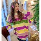 Round Neck Color-block Loose-fit Sweater Yellow & Green & Rose Pink - One Size
