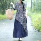 Long-sleeve Patterned Panel Maxi A-line Dress