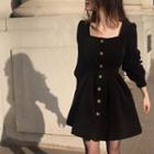 Square-neck Long-sleeve Corduroy A-line Dress