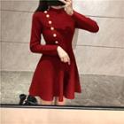 Mock-neck Long-sleeve A-line Knit Dress Red - One Size
