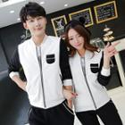 Set: Couple Contrast-sleeve Zip Jacket + Contrast-trim Pants