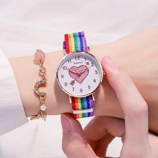 Set: Heart Print Strap Watch + Rhinestone Moon Bracelet