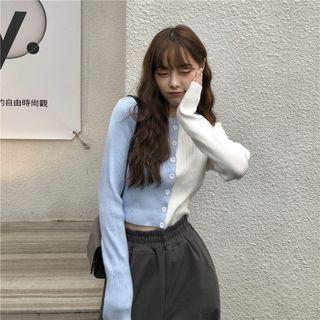 Round-neck Two Tone Button-up Knit Cropped Top Blue & White - One Size