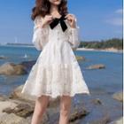 Long-sleeve Bow-front Mini A-line Lace Dress