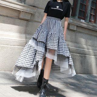 Gingham Mesh Panel Irregular Midi A-line Skirt