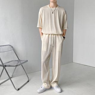 Set: Short-sleeve Plain T-shirt + Drawstring Straight Leg Pants