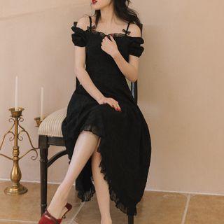 Short-sleeve Embossed Midi A-line Dress